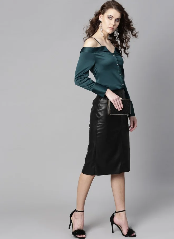 STREET 9 Green Satin Finish Bardot Top for Women