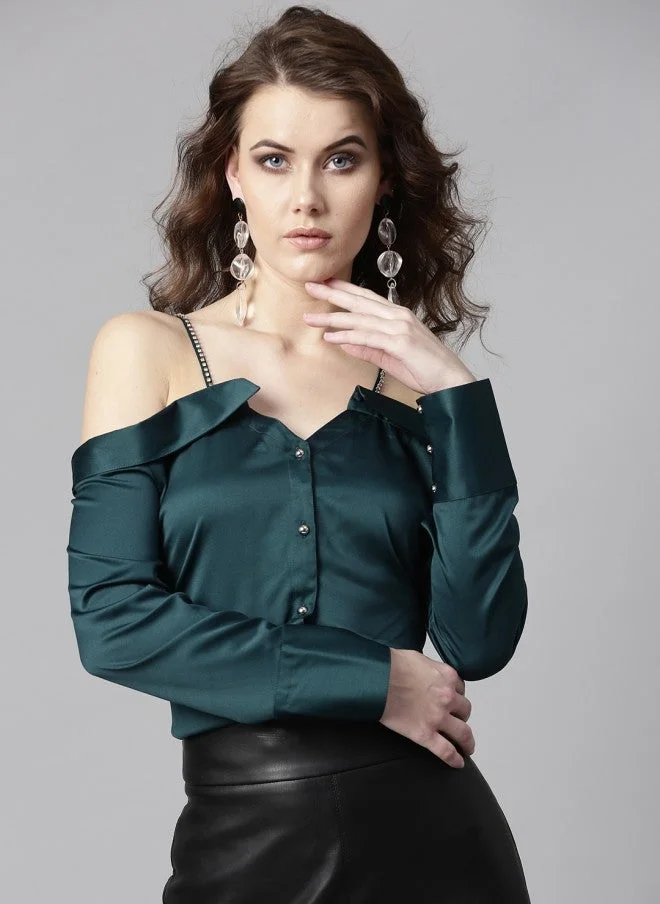 STREET 9 Green Satin Finish Bardot Top for Women