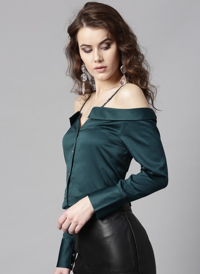 STREET 9 بلوزة ساتان خضراء بياقة مكشوفة للنساء - Image 3