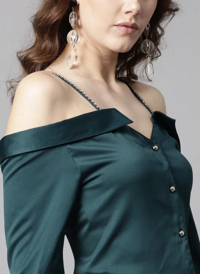 STREET 9 Green Satin Finish Bardot Top for Women