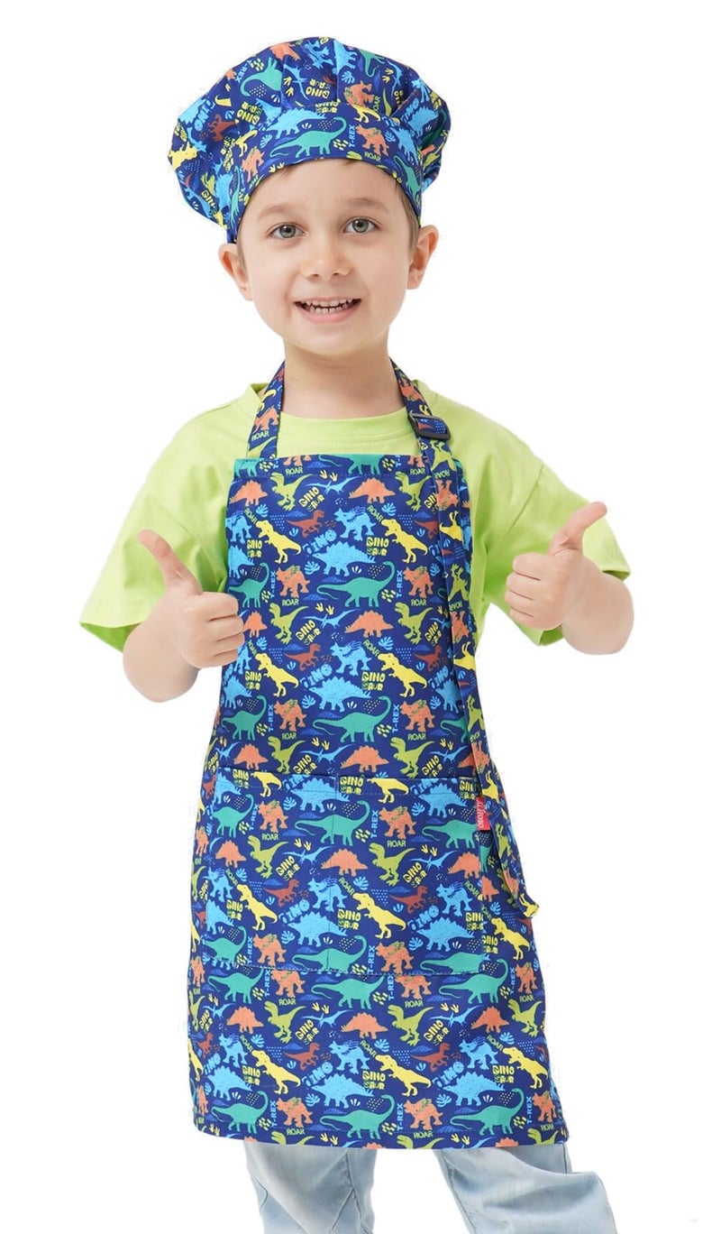 ALIPOBO Kids Apron and Chef Hat Set, Children's Kitchen Cooking Aprons with 2 Pockets for Boys Girls Toddler Painting Baking (Dinosaur Blue, 6-12 Years) - Image 1