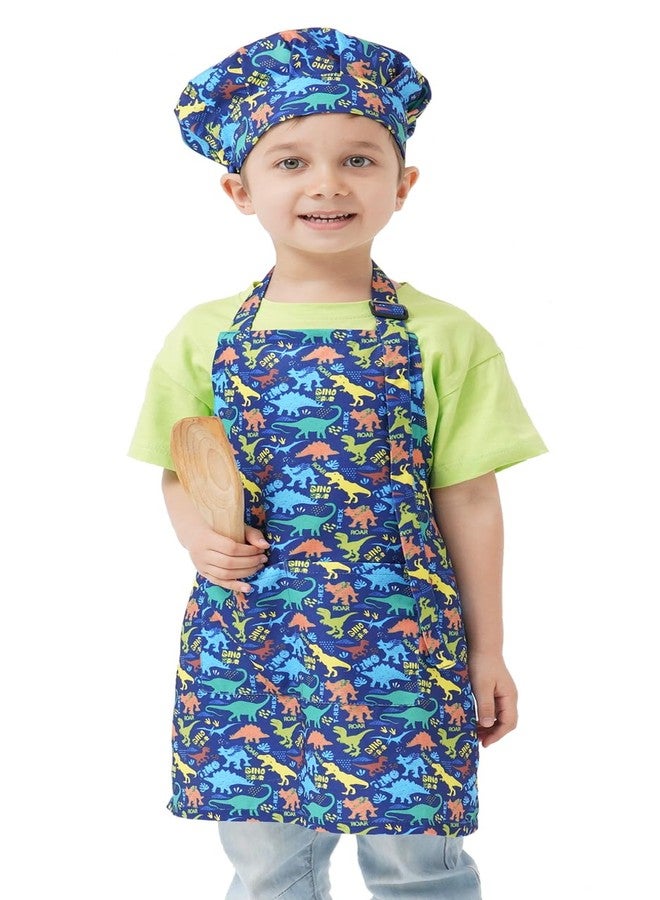 ALIPOBO Kids Apron and Chef Hat Set, Children's Kitchen Cooking Aprons with 2 Pockets for Boys Girls Toddler Painting Baking (Dinosaur Blue, 6-12 Years) - Image 3