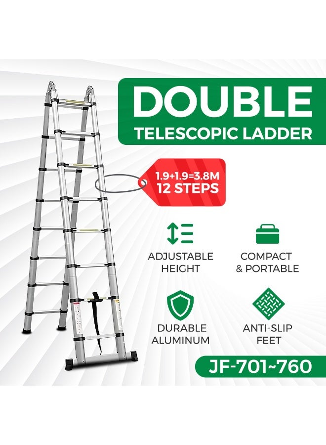 3.8M Professional Double Telescopic Aluminum Ladder – Heavy-Duty Foldable Design with Dual Locking System – Ideal for Home, Industrial, and Professional Use - Image 2
