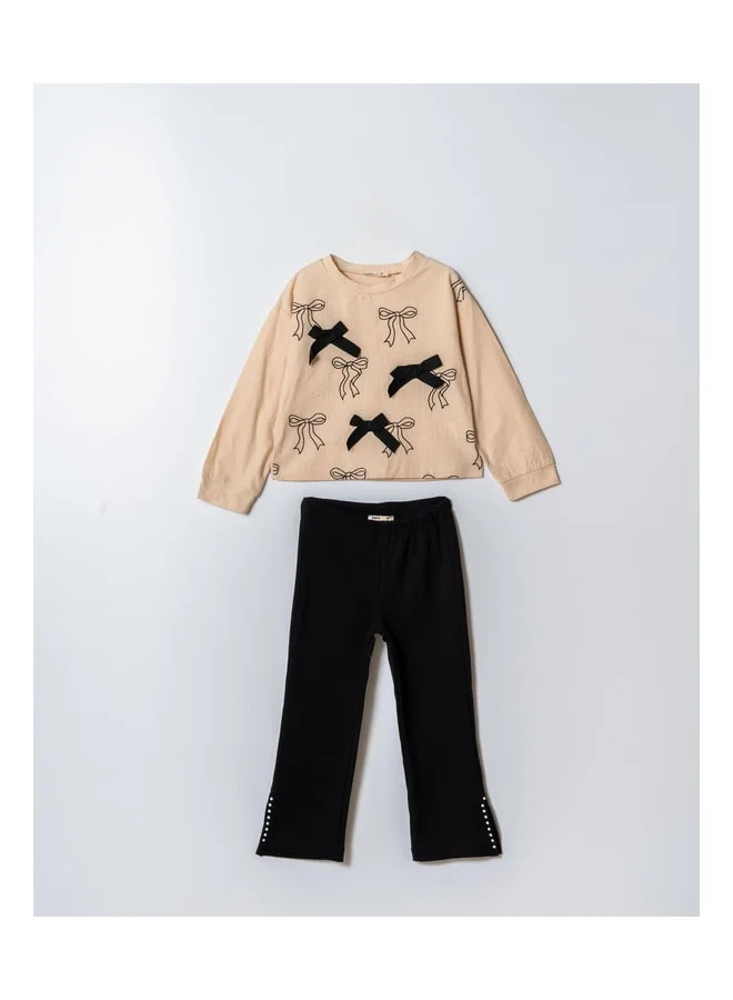 Magu Girls' Cotton Beige Bow-Patterned Sweatshirt and Black Pants Set – Stylish and Comfortable Outfit