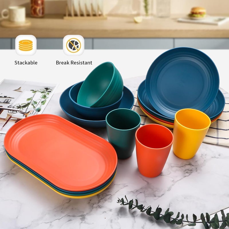 Lazycorner طقم أدوات المائدة من القش القمح Lazycorner 48 قطعة لخدمة 8 أشخاص، أطباق بلاستيكية قابلة لإعادة الاستخدام، طقم أطباق تقديم متعددة الألوان - Image 5