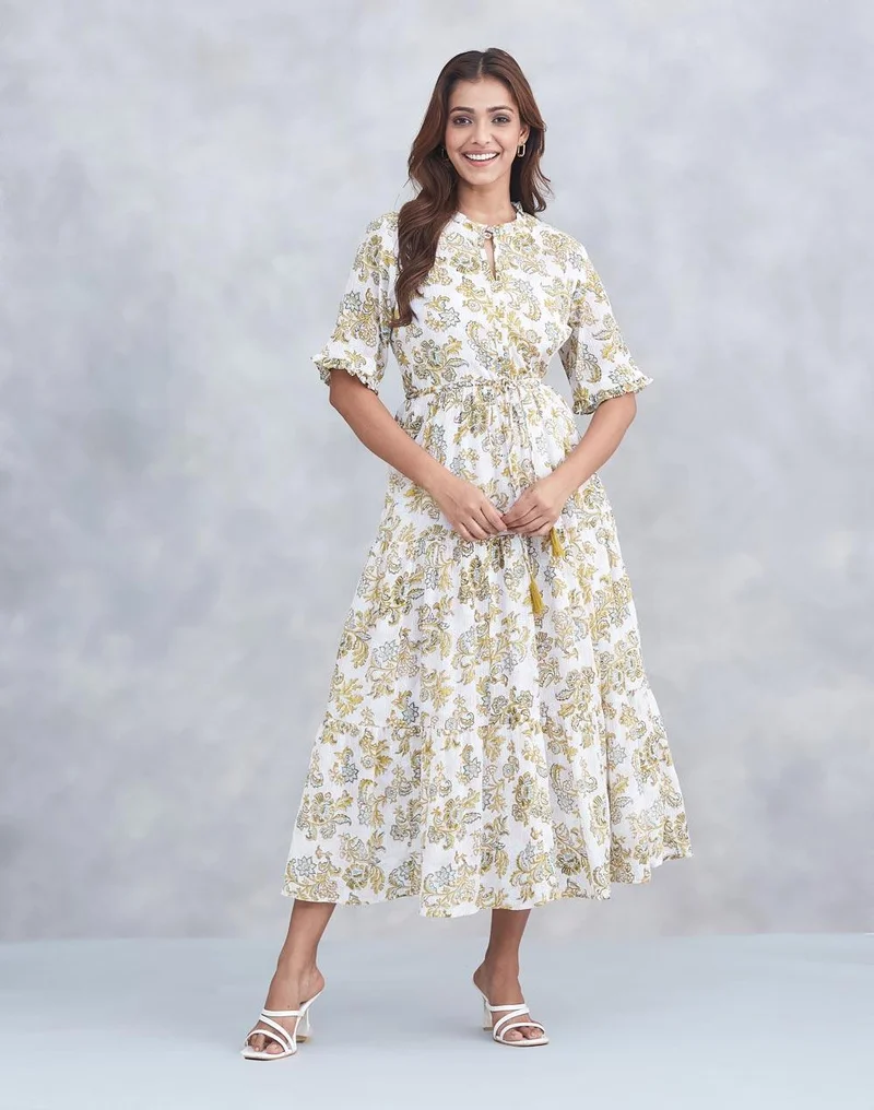 فاب انديا White Cotton Hand Block Printed Maxi