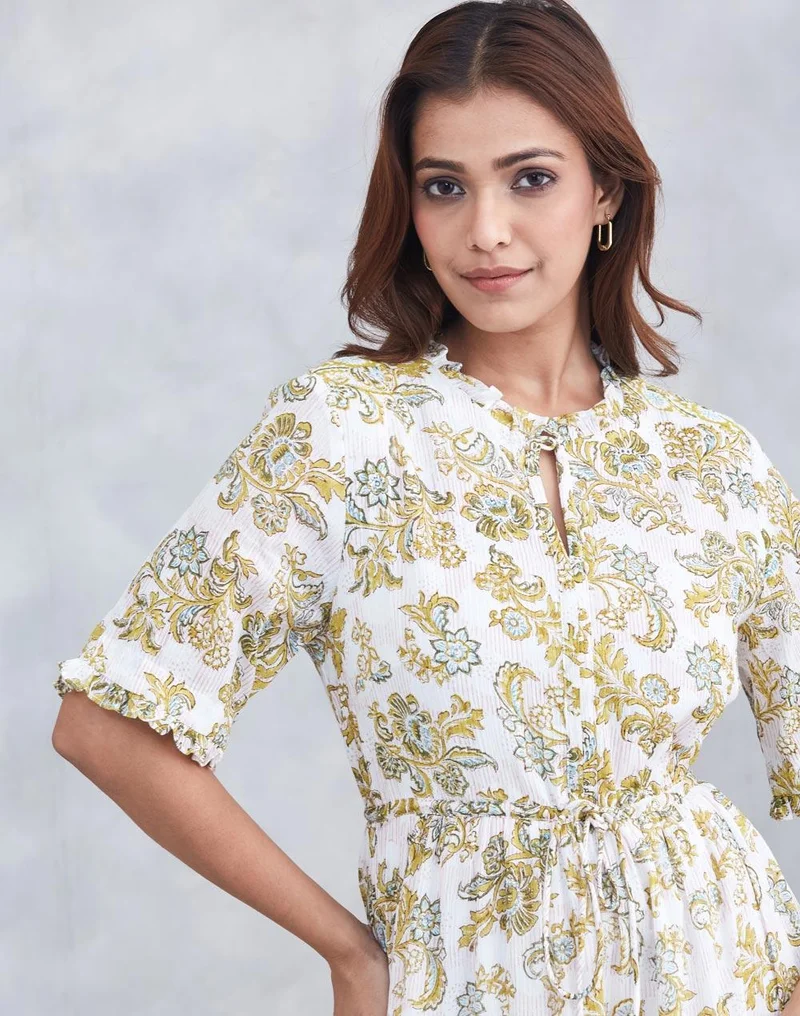 Fabindia  White Cotton Hand Block Printed Maxi for Women | Best Price UAE