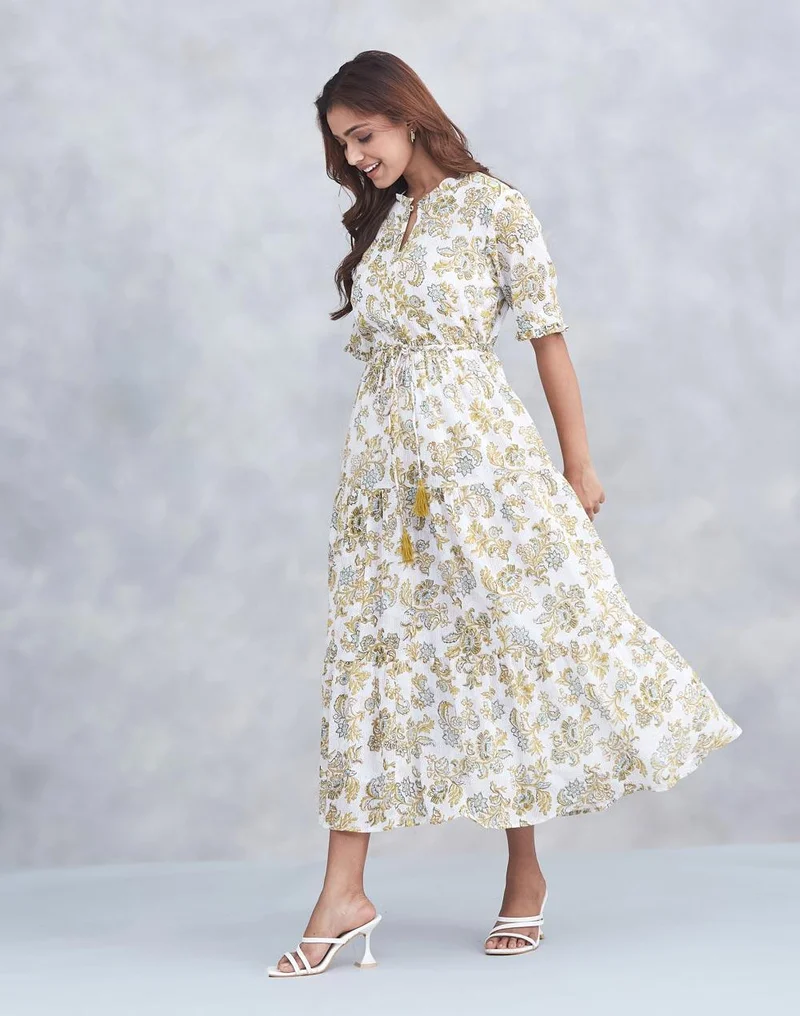 Fabindia  White Cotton Hand Block Printed Maxi for Women | Best Price UAE