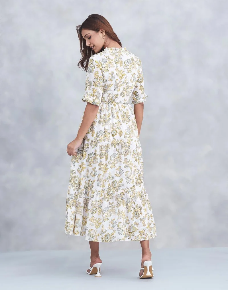 Fabindia  White Cotton Hand Block Printed Maxi for Women | Best Price UAE