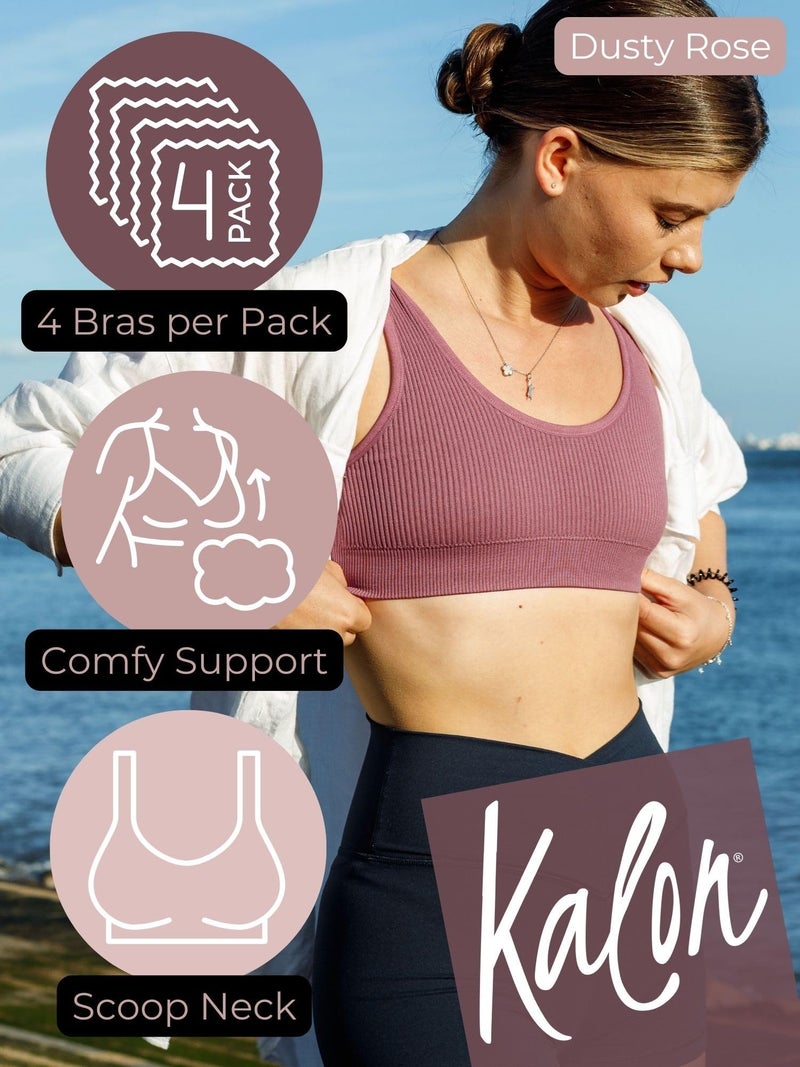Kalon Women's 4 Pack Ribbed Bralette Crop Top Comfort Sports Bra (Large, Rose Tones) - Image 2
