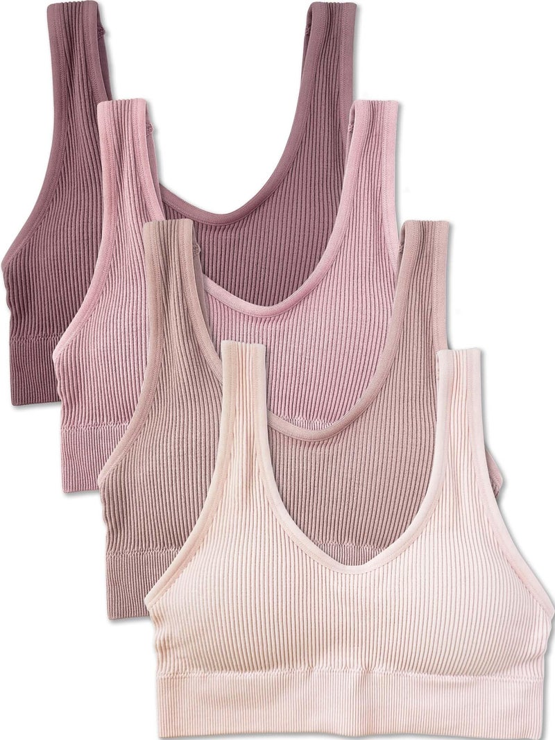 Kalon Women's 4 Pack Ribbed Bralette Crop Top Comfort Sports Bra (Large, Rose Tones) - Image 1