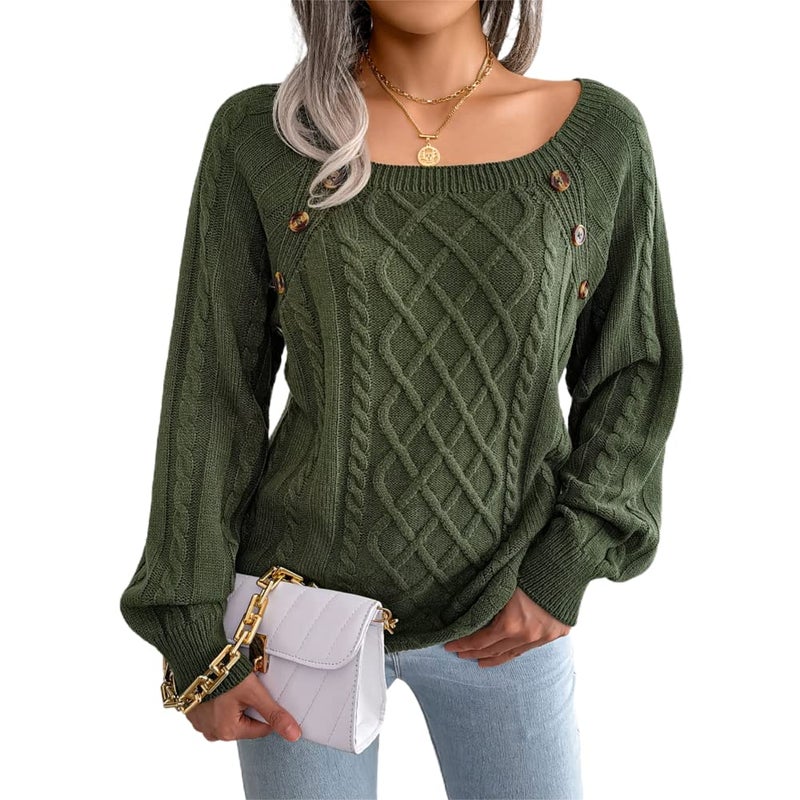 JUNBOON Women's Solid Color Button Pullover Sweater Square Neck Kimono Sleeve Loose Twist Knit Jumper Tops - Image 2