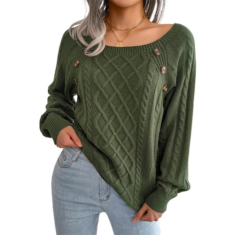 JUNBOON Women's Solid Color Button Pullover Sweater Square Neck Kimono Sleeve Loose Twist Knit Jumper Tops - Image 1