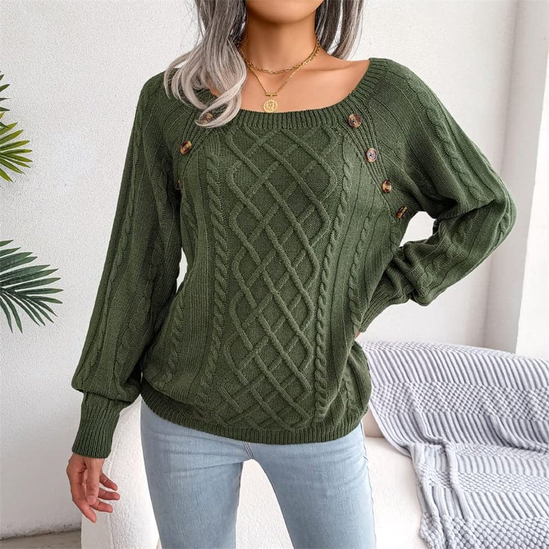 JUNBOON Women's Solid Color Button Pullover Sweater Square Neck Kimono Sleeve Loose Twist Knit Jumper Tops - Image 3