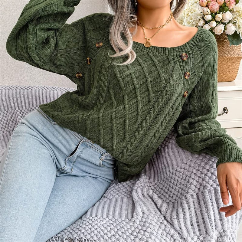 JUNBOON Women's Solid Color Button Pullover Sweater Square Neck Kimono Sleeve Loose Twist Knit Jumper Tops - Image 4
