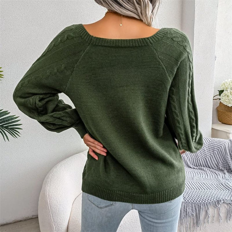 JUNBOON Women's Solid Color Button Pullover Sweater Square Neck Kimono Sleeve Loose Twist Knit Jumper Tops - Image 5