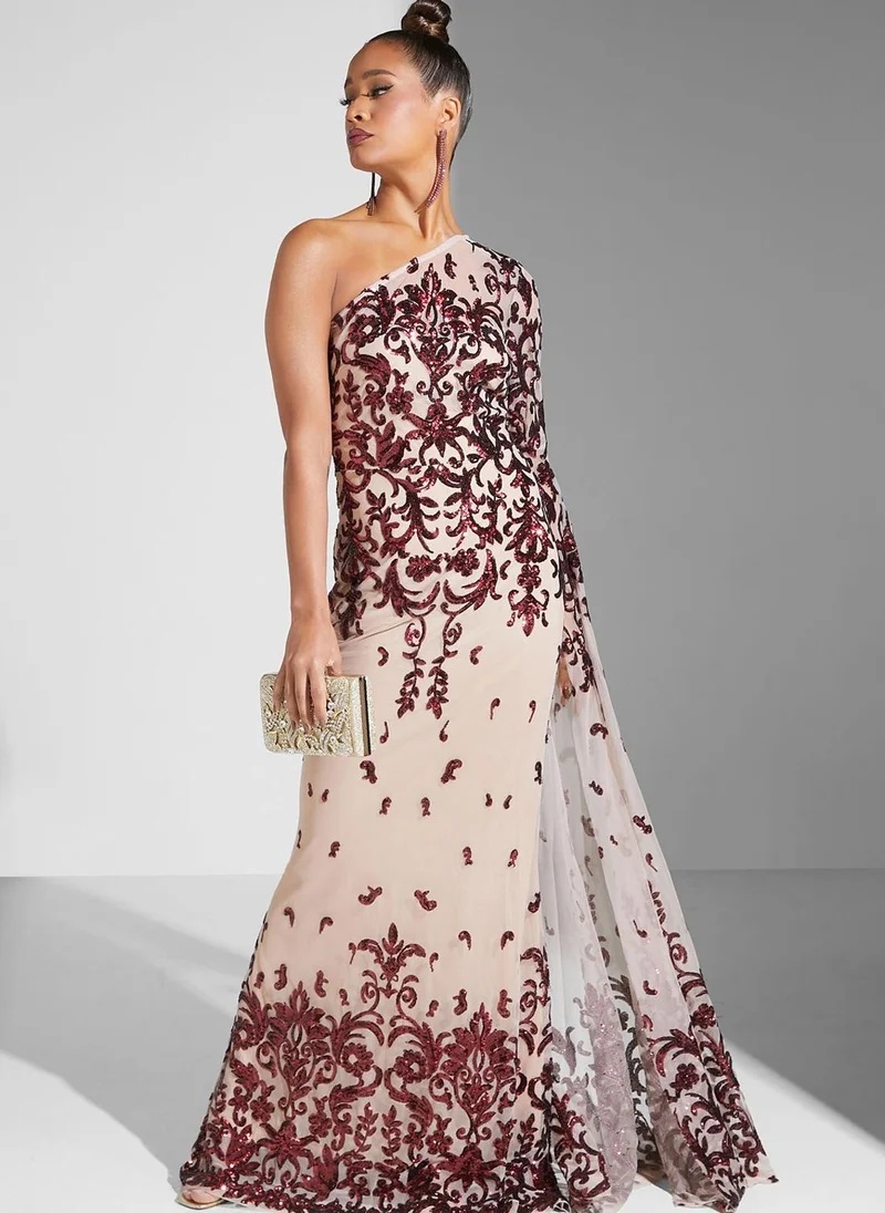Goddiva Sequin Embroidered One Shoulder Dress