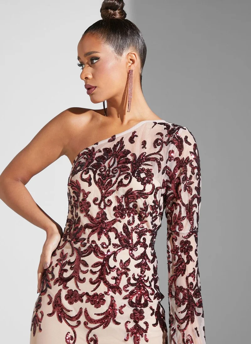 Goddiva Sequin Embroidered One Shoulder Dress