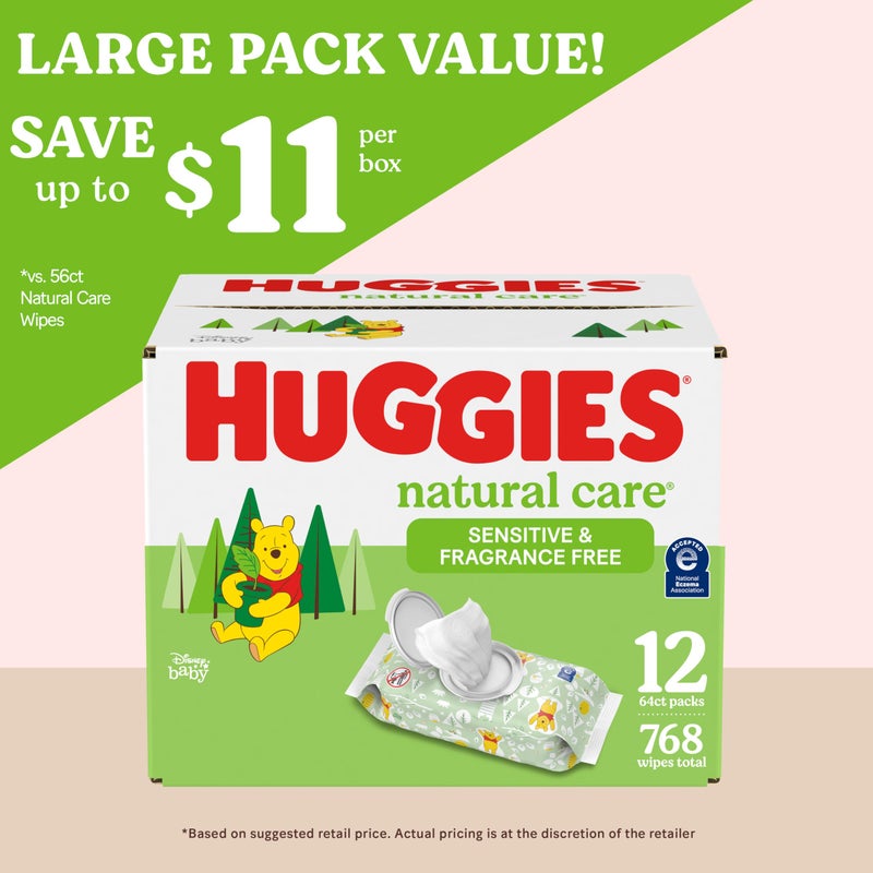 Huggies Natural Care Sensitive Baby Wipes, Unscented, Hypoallergenic, 99% Purified Water, 12 Flip-Top Packs (768 Wipes Total), Packaging May Vary - Image 2