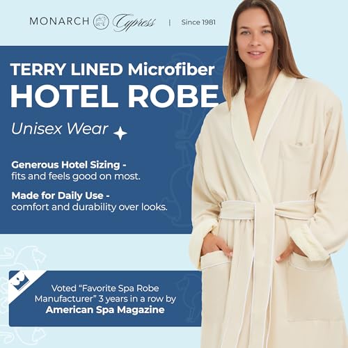MONARCH Terry Lined Microfiber Hotel Robe for Men and Women – Soft Lightweight Textured Fabric with Classic Design, Generously Sized Hotel & Spa Robe with Pockets – Machine Washable (Natural, Medium) - Image 2