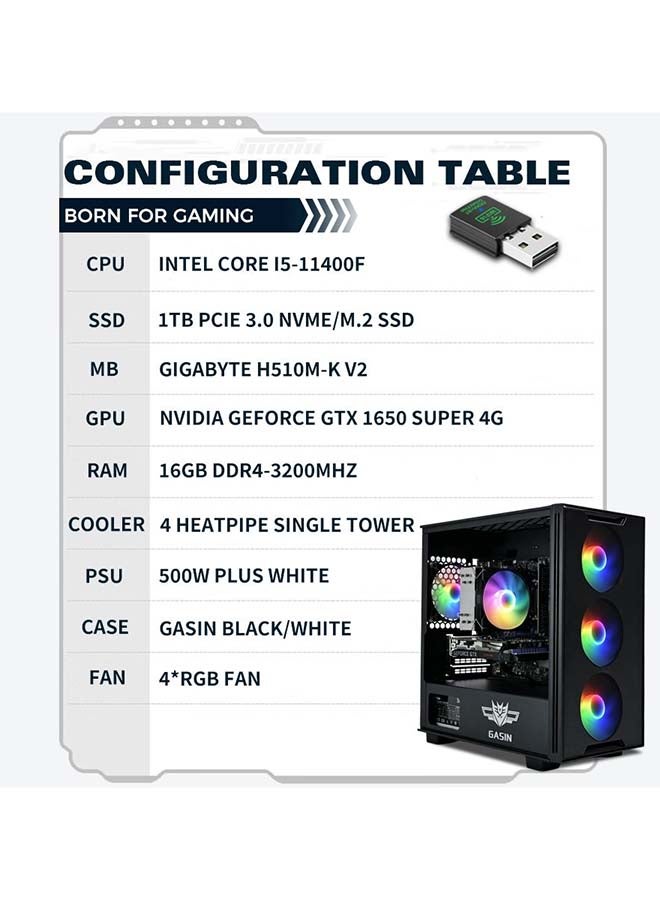 غاز حاسوب ألعاب بمعالج كور i5-11400F/1 تيرابايت SSD/16 جيجابايت RAM 3200MB DDR4/ويندوز 11 برو/4 جيجابايت NVIDIA GeForce GTX 1650 Super رسومات + جهاز استقبال بطاقة لاسلكية وبلوتوث - Image 4