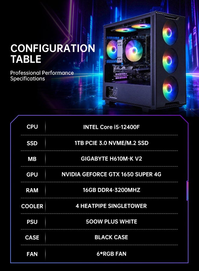 Gasin Gaming Desktop PC with Intel Core i5-11400F Processor/16GB DDR4 3200MHz /512GB NVMe SSD /4GB Nvidia GeForce GTX 1650 SUPER Graphics/ Windows 11 Pro +WiFi + Bluetooth Black - Image 2