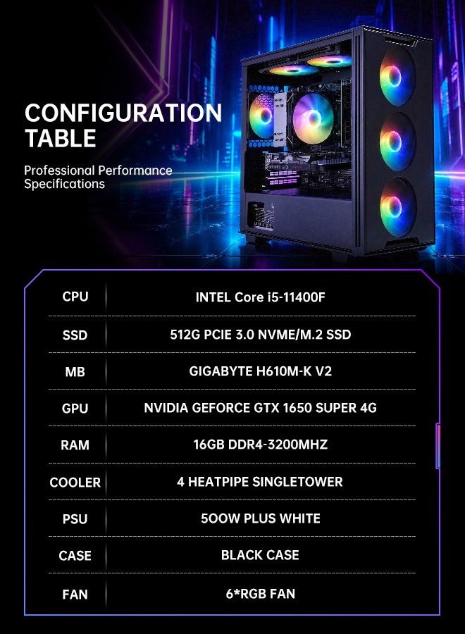 Gasin Gaming Desktop PC with Intel Core i5-11400F Processor/16GB DDR4 3200MHz /512GB NVMe SSD /4GB Nvidia GeForce GTX 1650 SUPER Graphics/ Windows 11 Pro +WiFi + Bluetooth Black - Image 2