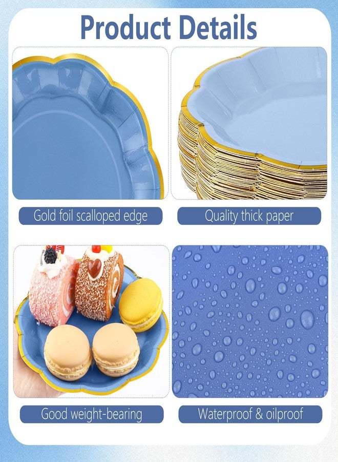 Kochorie 60 PCS Dusty Blue Scalloped Party Plates, 7 Inch Gradient Blue Dessert Plate, Disposable Gold Foil Border Paper Plates for Birthday Bridal Baby Shower Wedding Party Supplies - Image 3