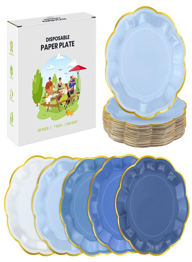 Kochorie 60 PCS Dusty Blue Scalloped Party Plates, 7 Inch Gradient Blue Dessert Plate, Disposable Gold Foil Border Paper Plates for Birthday Bridal Baby Shower Wedding Party Supplies - Image 1
