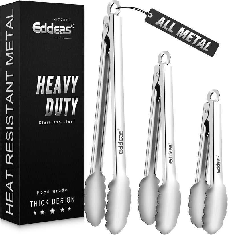 Eddeas Tongs For Cooking - All Metal Heat Resistant 600 Degrees Kitchen Tongs, Stainless Steel Locking Tongs, For Food,Salad, BBQ, Grill, Dishwasher, Set of 3-7",9" & 12 inch - Image 1