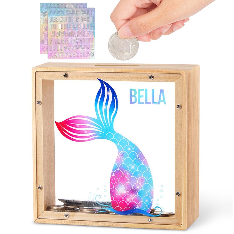 Piggy Bank for Kids Wooden Money Coin Bank for Boys and Girls Dinosaur Unicorn Piggy Banks with DIY Stickers for Birthday Easter Gifts Mermaid
