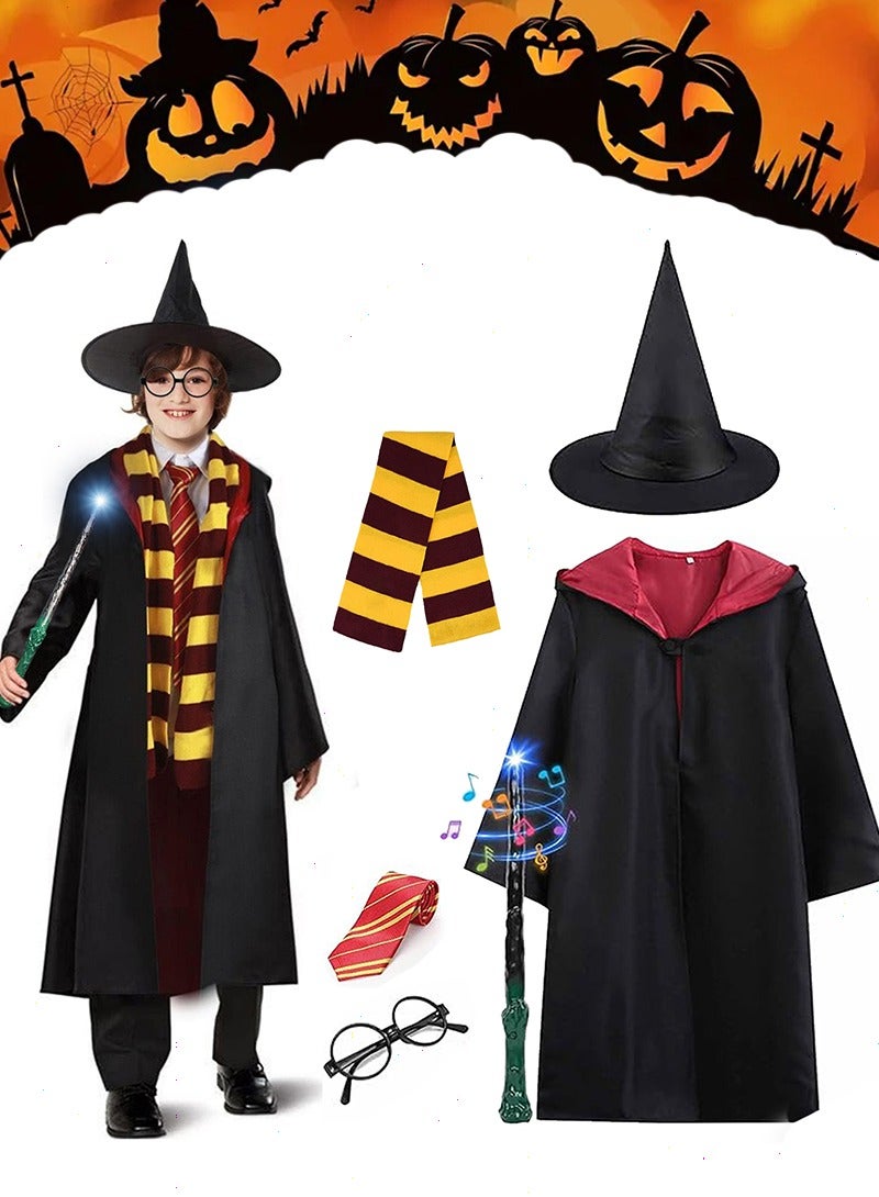Yoawllty Halloween Costumes for Kids, Halloween Costume Kit Includes Robe, Scarf, Tie, Glowing Wand, Glasses and Hat, Halloween Costumes for Boys Girls(155cm) - Image 1