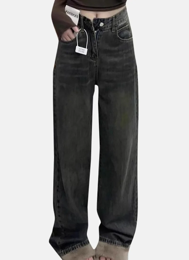 YUNIQEE Grey Solid Mid Rise Straight Fit Straight Jeans
