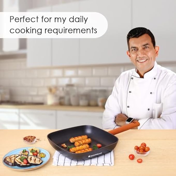 Wonderchef Caesar Forged Virgin Aluminium Grill Pan 24Cm Black Greblon C3 NonStick Coating Pfoa Free German Beechwood Handles Use For Grilling Tikkis Breads Rolls Meat Paneer - Image 5