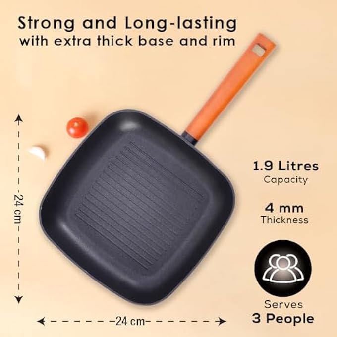 Wonderchef Caesar Forged Virgin Aluminium Grill Pan 24Cm Black Greblon C3 NonStick Coating Pfoa Free German Beechwood Handles Use For Grilling Tikkis Breads Rolls Meat Paneer - Image 4