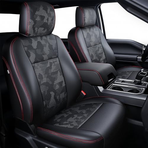 Carlimeki Premium Faux Leather Seat Covers for Ford F150 SuperCrew XL XLT STX (2021–2026) & F250/F350/F450 Crew Cab XL XLT (2023–2026) - Fully Covered - Designed for 40/Console/40 Front Seats - Camo Black - Image 1