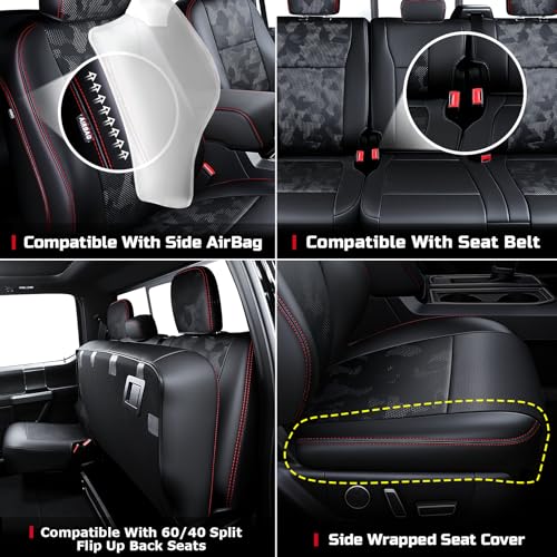 Carlimeki Premium Faux Leather Seat Covers for Ford F150 SuperCrew XL XLT STX (2021–2026) & F250/F350/F450 Crew Cab XL XLT (2023–2026) - Fully Covered - Designed for 40/Console/40 Front Seats - Camo Black - Image 5