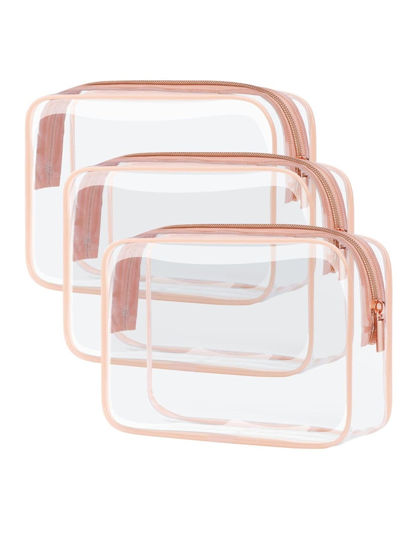 YelaJoy 3PCS Portable Clear Makeup Bag,  PVC Toiletry Bag for Travel Size Toiletries, Carry on Airport Airline Compliant Bag, Toiletry Bag for Home Bath and Travel etc ( Rose Pink)  - Image 1