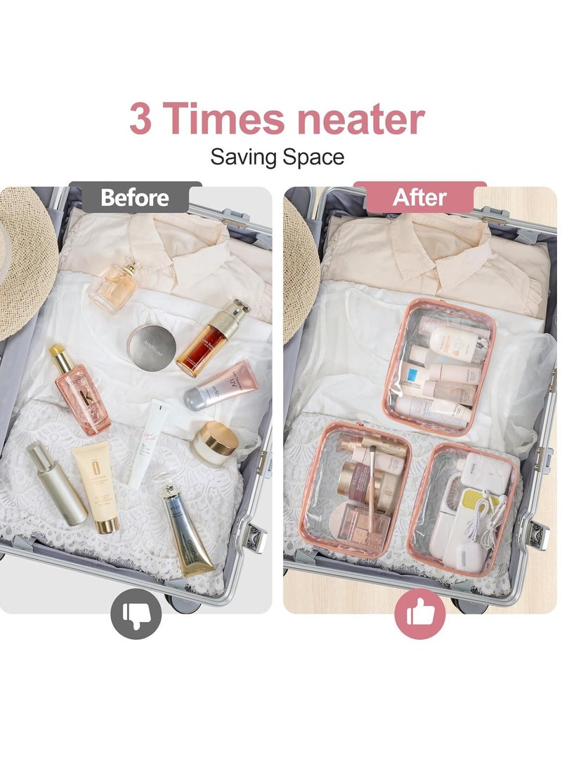 YelaJoy 3PCS Portable Clear Makeup Bag,  PVC Toiletry Bag for Travel Size Toiletries, Carry on Airport Airline Compliant Bag, Toiletry Bag for Home Bath and Travel etc ( Rose Pink)  - Image 3