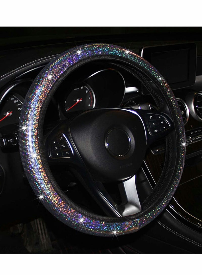 Steering Wheel Cover, General 15 inch Women's Cloth car Steering Wheel, Colorful Gilded car Steering Wheel Cover Bling Bling Anti-Slip Breathable Steering Cover for Vehicles（Black）