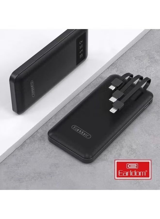 Earldom 10000mAh Power Bank with 3 In-Built Charging Cables, LCD Display, Compact and Lightweight Portable Charger for Smartphones, Tablets, and More – Fast Charging, Convenient, and Reliable Power for On-the-Go Use (Black) - Image 1