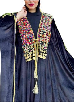 Generic Women Ramadan Opened Kaftan Abaya velvet black with wooden beads  - Image 2