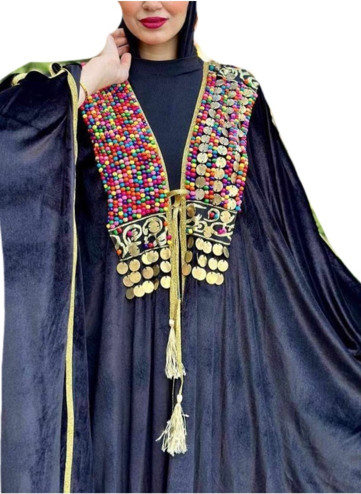Generic Women Ramadan Opened Kaftan Abaya velvet black with wooden beads  - Image 2