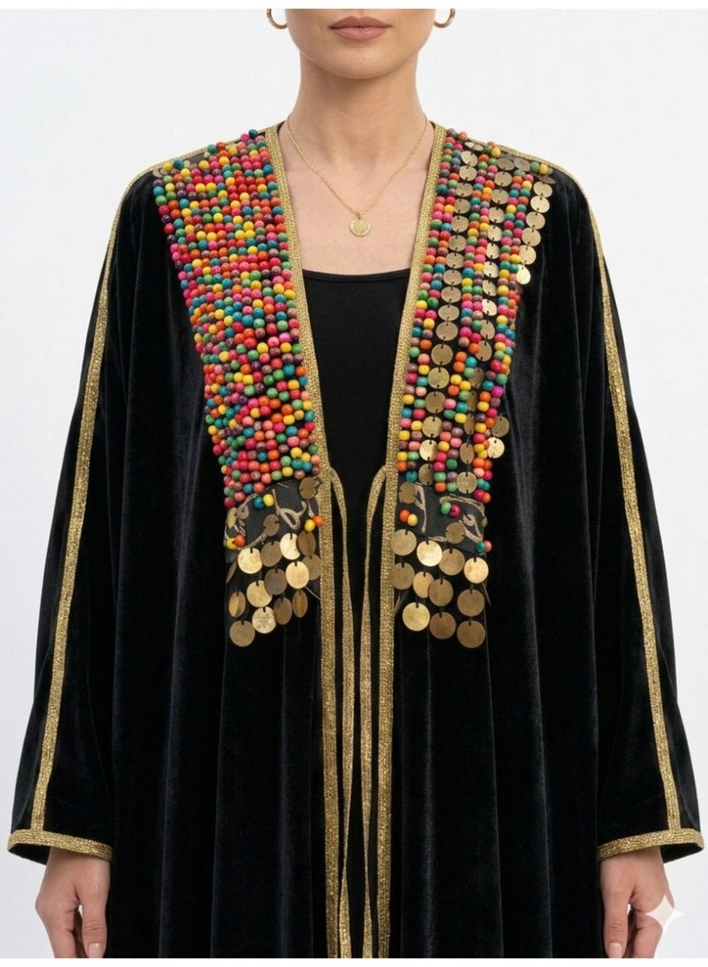 قفطان حريمي قطيفة مفتوحة اسود  عباية مشغول بخرز خشب رمضان - Image 2