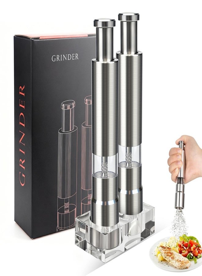 BOKKY Premium Stainless Steel Salt and Pepper Grinder Set – Refillable One-Handed Thumb Press Grinders with Stand – Ideal for Kitchen, Dining, and Gifts - Image 1