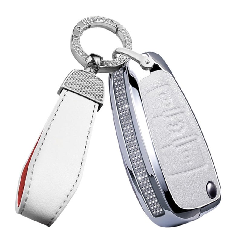 SANRILY Bling Flip Key Fob Cover Compatible with Audi A1 A3 A4 A6 A8 Quattro Q3 Q7 S3 S6 RS3 RS6 R8 TT TTS Leather Key Fob Case with Bling Leather Keychain White - Image 2