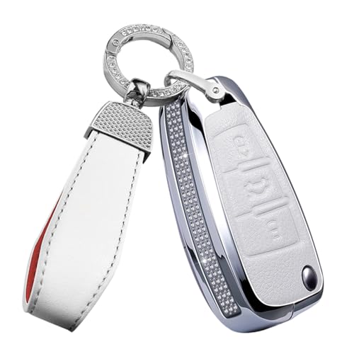 SANRILY Bling Flip Key Fob Cover Compatible with Audi A1 A3 A4 A6 A8 Quattro Q3 Q7 S3 S6 RS3 RS6 R8 TT TTS Leather Key Fob Case with Bling Leather Keychain White - Image 1