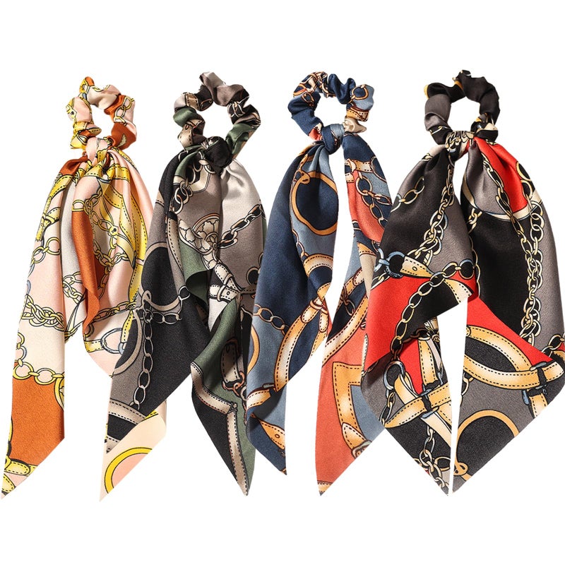 LFOUVRE 4pcs Chain Satin Hair Accessories - Ribbon Scrunchies with Long Tails, Knotted Hair Bands and Elastic Ties for Girls - Image 1