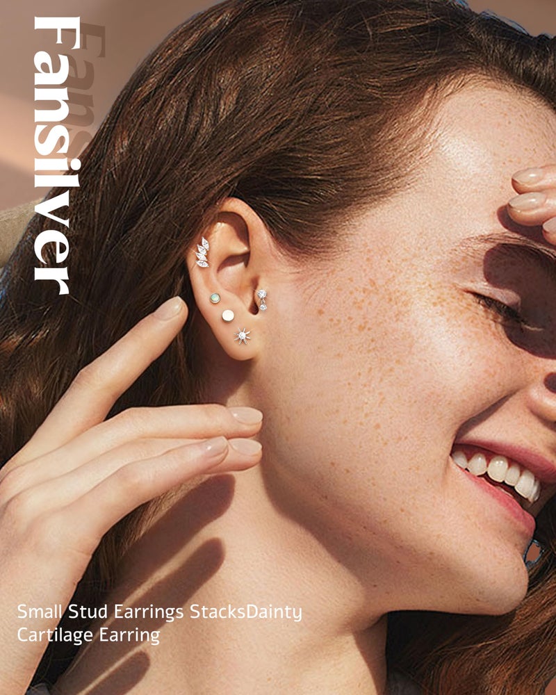 Fansilver 6 Pairs Hypoallergenic Flat Back Earrings 14K Gold Plated Stud Earrings for Women Trendy Small Cartilage Earring Stacks CZ Surgical Steel Earring Set Helix Conch Tragus Piercing Jewelry Silver - Image 3