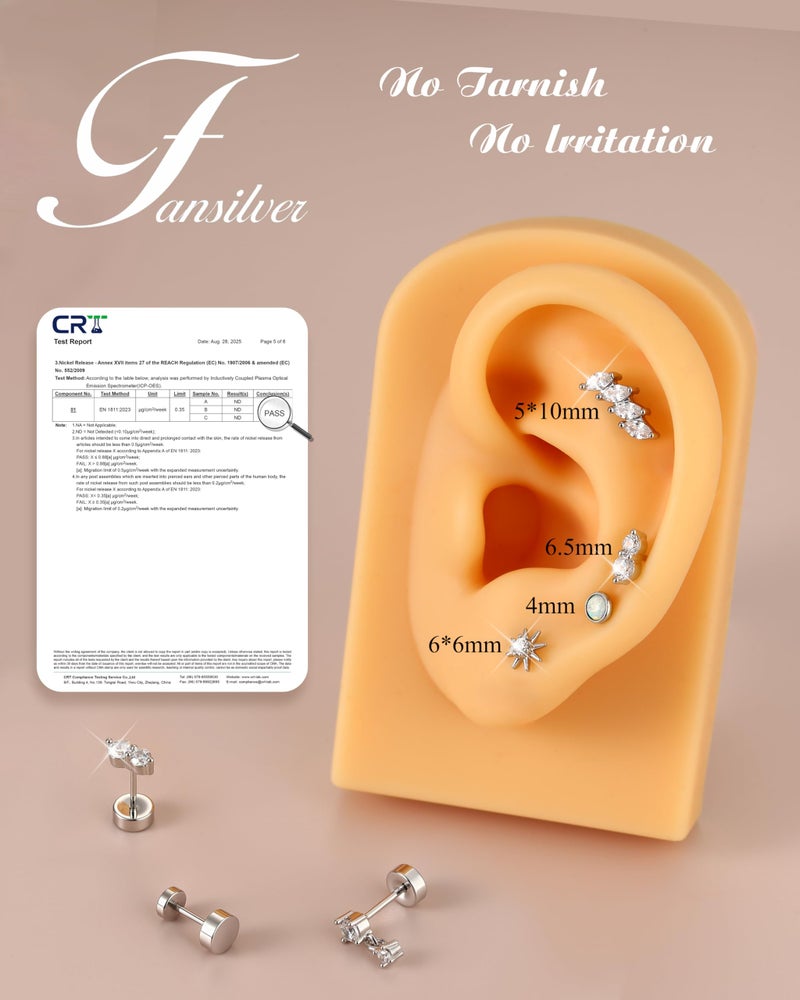 Fansilver 6 Pairs Hypoallergenic Flat Back Earrings 14K Gold Plated Stud Earrings for Women Trendy Small Cartilage Earring Stacks CZ Surgical Steel Earring Set Helix Conch Tragus Piercing Jewelry Silver - Image 4